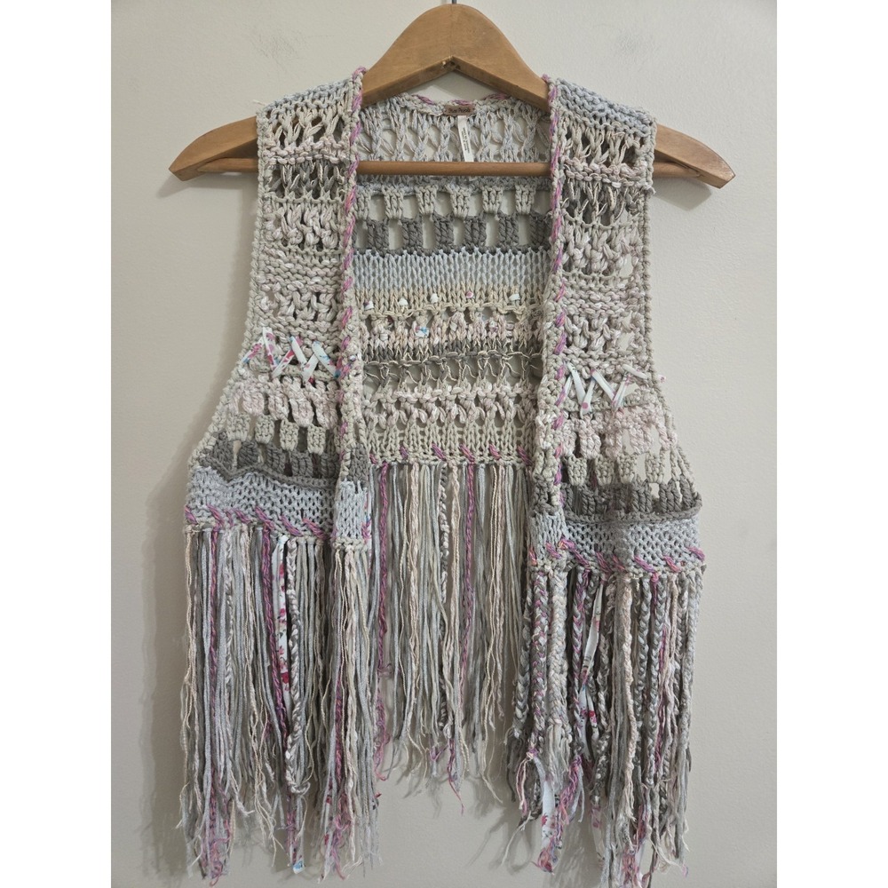 Free People Boho Crochet Fringe Vest Beige Grey Pink Open Knit Festival XS